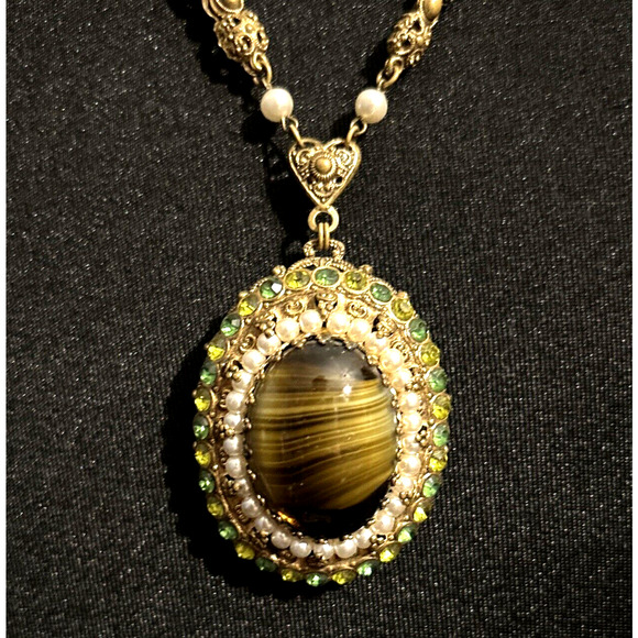 Vintage West Germany Porphyry Glass Crystal Filigree Necklace & Earrings Set - Picture 2 of 12